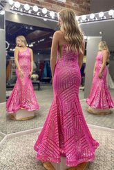 Mermaid One Shoulder Hot Pink Sequined Long Prom Dress Evening Party Dresses DMP188